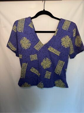 VTG 90s IN2 Crop Top S Purple Lime Green Batik Mandala Cotton V-Neck Made in USA